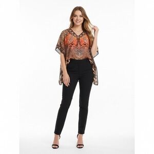 Jessica Taylor Vtg Leopard Print Rhinestone V Neck Kaftan Tunic Top‎ One Size